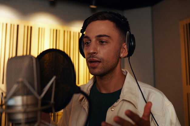 Modern music studio setup featuring microphone and equipment for vocal instruction sessions